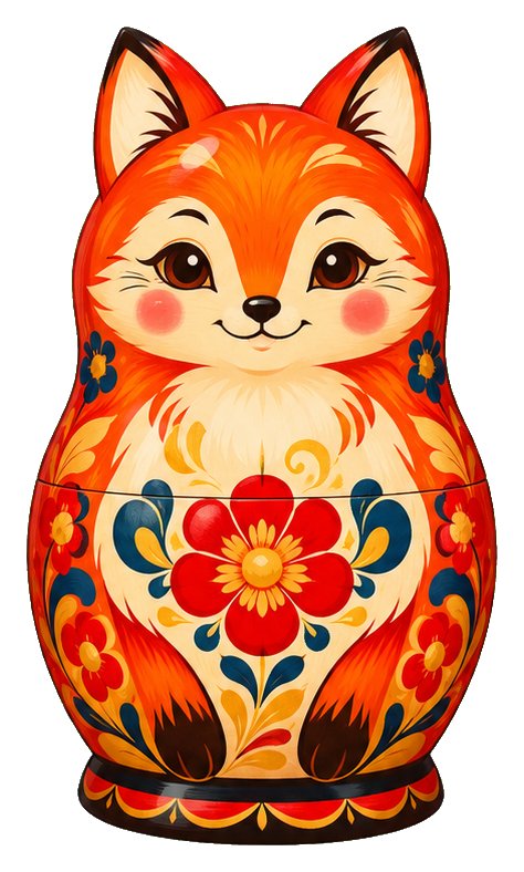 A smiling orange fox painted as a floral matryoshka nesting doll.
