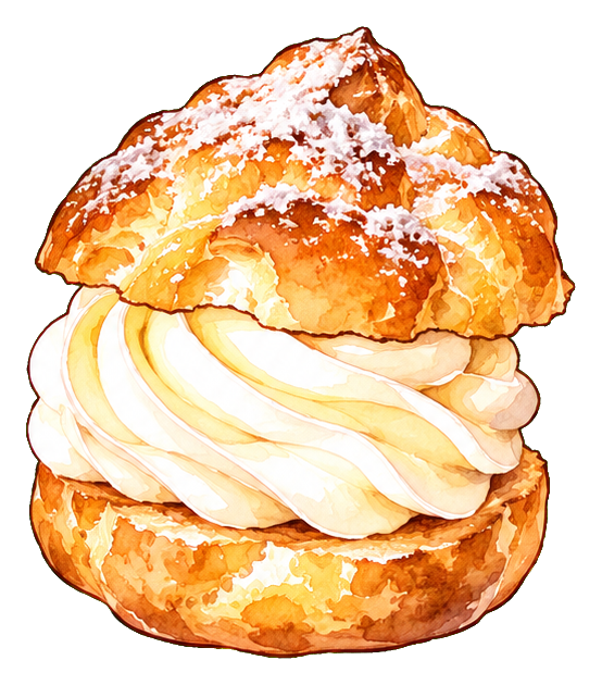 Illustrated cream puff with whipped cream filling and golden pastry shell