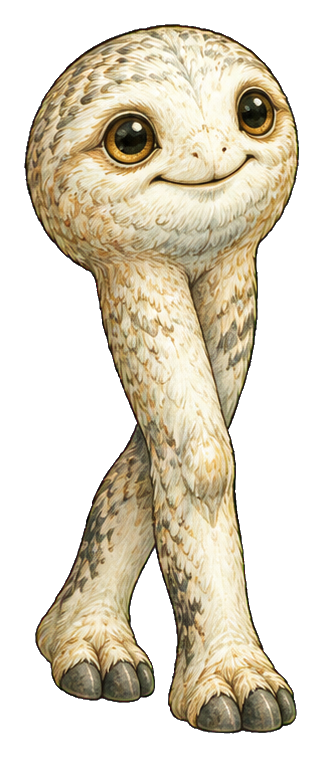 Cute furry cryptid with large eyes, long arms, and thin legs standing upright.