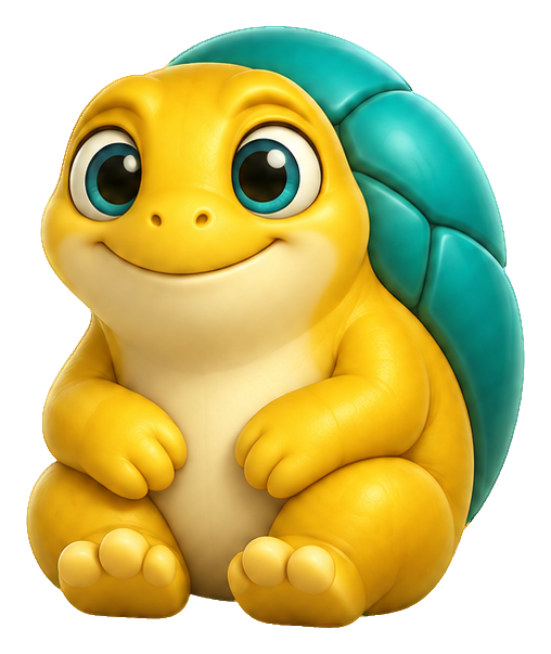 Cute yellow 3D monster with big eyes and a teal shell on its back
