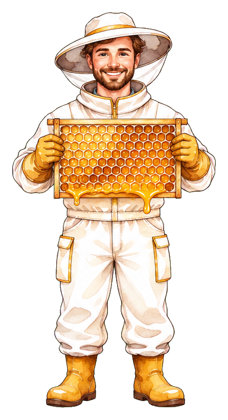 Smiling beekeeper in a hat holding a golden honeycomb frame