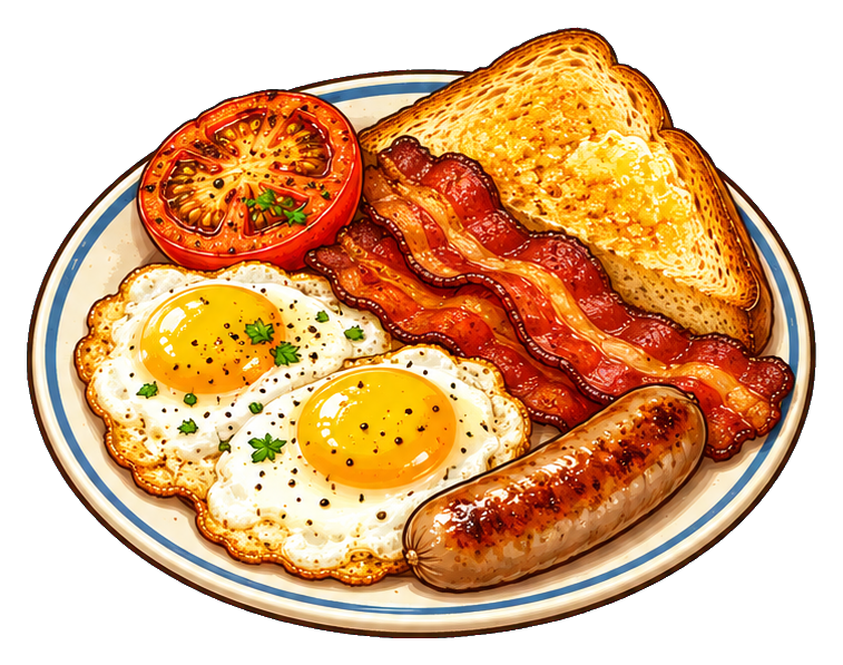 Brunch plate with eggs, bacon, toast, and sausage on a white plate