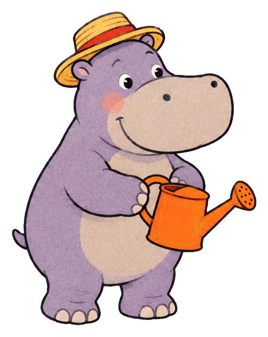 Cute hippo in a hat holding a watering can and smiling.