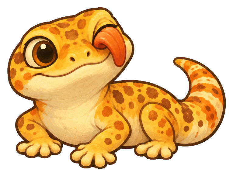 Cute spotted gecko licking its eye while standing with a curled tail.