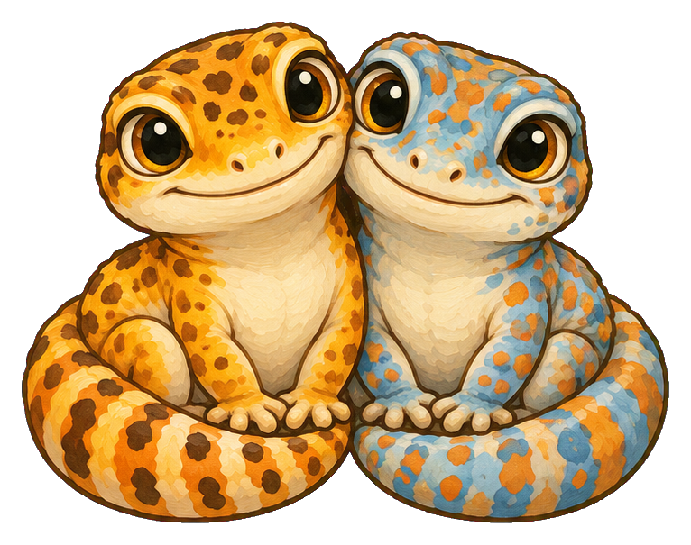 Two cute leopard geckos cuddling together, one orange and one blue spotted