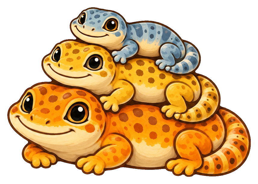 Three cute leopard geckos stacked together in a cartoon-style sticker.