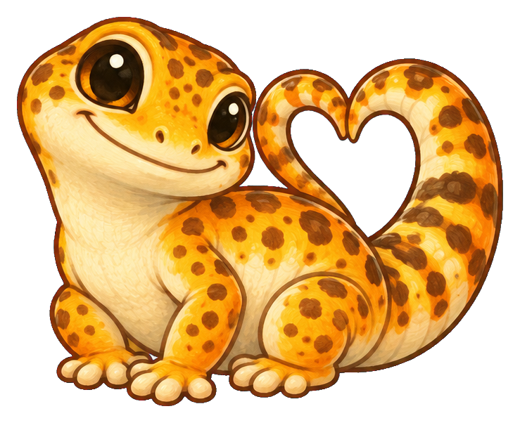 Cute leopard gecko with a heart-shaped tail and smiling face