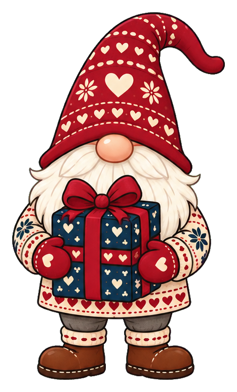 A red-hatted gnome holding a wrapped gift with heart patterns.