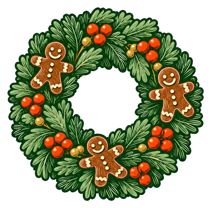 Gingerbread cookie wreath with ornaments, holly leaves, and three smiling gingerbread figures