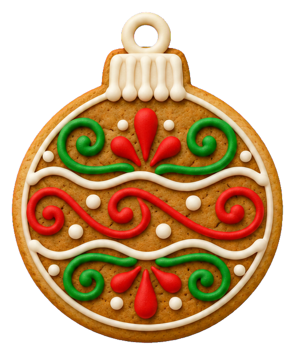 Decorated gingerbread ornament cookie with red and green icing and a hanging loop