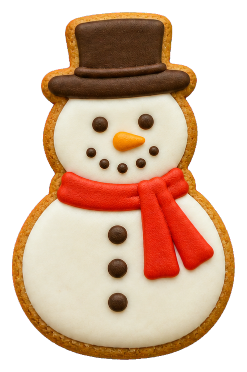 Gingerbread snowman cookie with top hat, scarf, and three buttons
