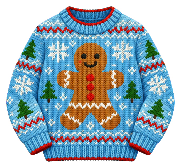 Blue ugly Christmas sweater with gingerbread man and holiday knit pattern