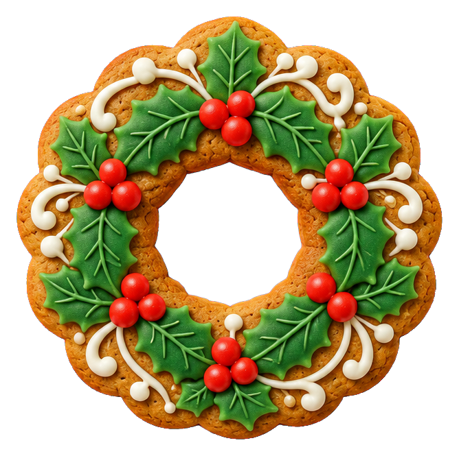 Gingerbread wreath cookie decorated with royal icing, green leaves, and red berries