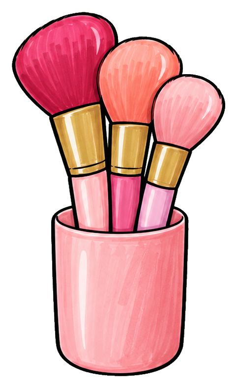 Pink cup holding three makeup brushes with gold handles