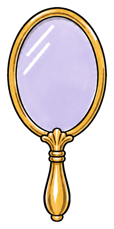 Oval gold hand mirror with a lavender reflective surface