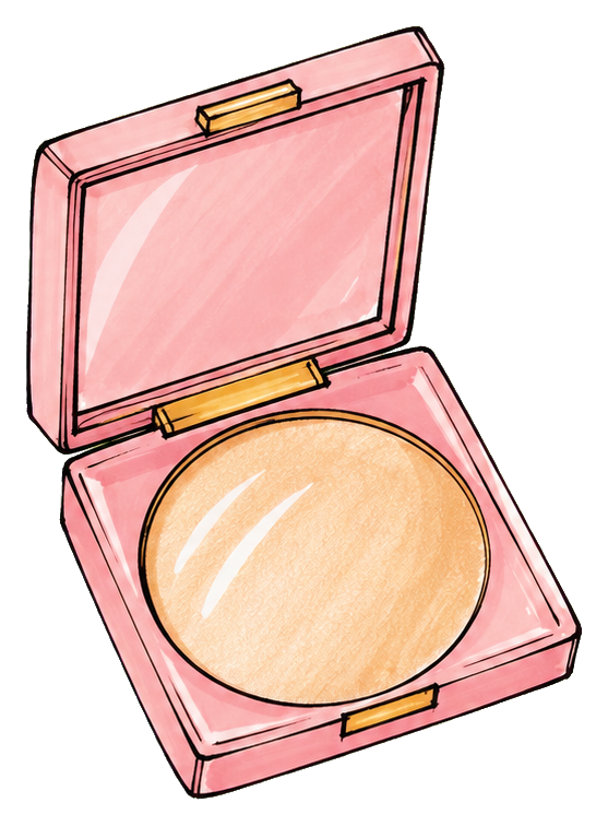 Open pink makeup compact with a round golden highlighter inside.