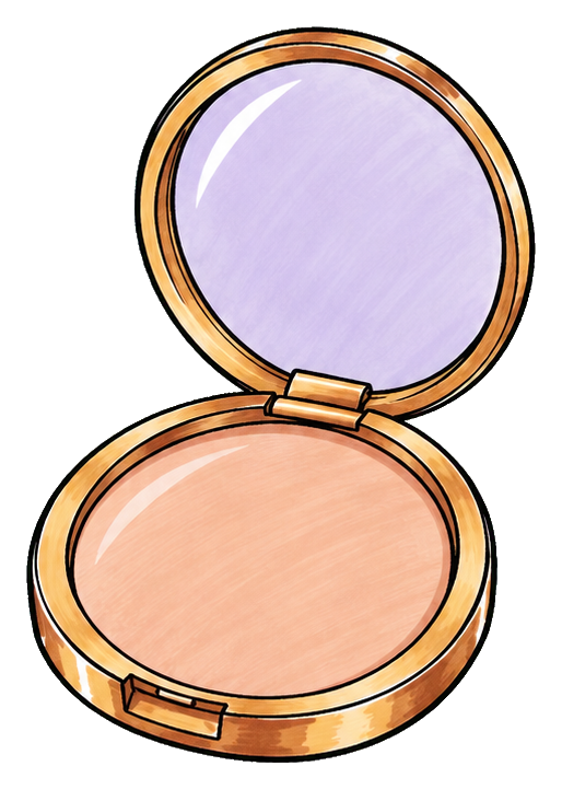 Open makeup powder compact with a lavender mirror and peach powder pan