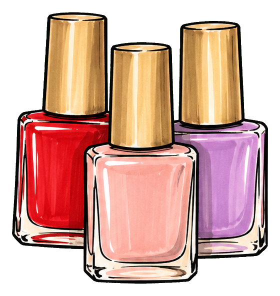 Three colorful nail polish bottles with gold caps arranged together.