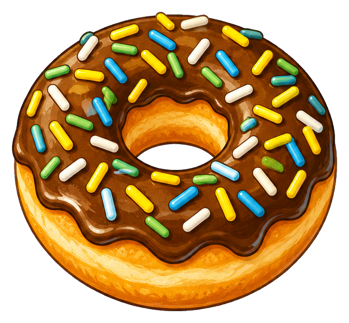 Chocolate glazed donut with colorful sprinkles on a transparent background