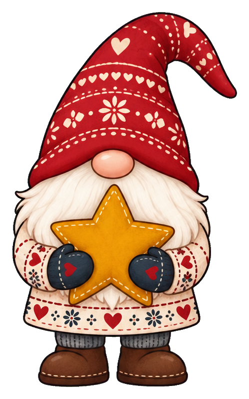 Red-hatted gnome hugging a gold star with patterned mittens and boots