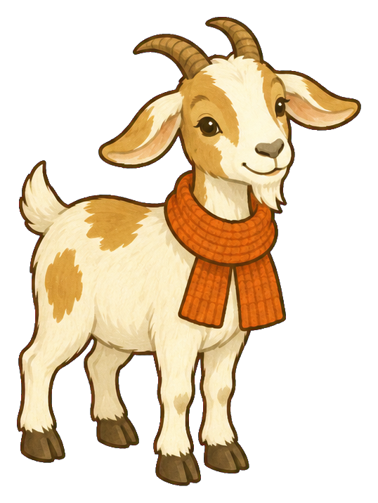 Cute baby goat wearing a scarf and standing in a friendly pose