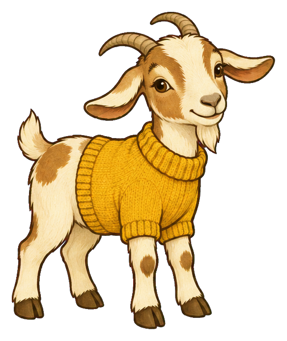 Cute baby goat wearing a sweater and standing in profile.