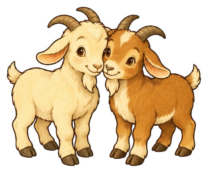 Two baby goats standing together and bumping heads in a cute illustration.