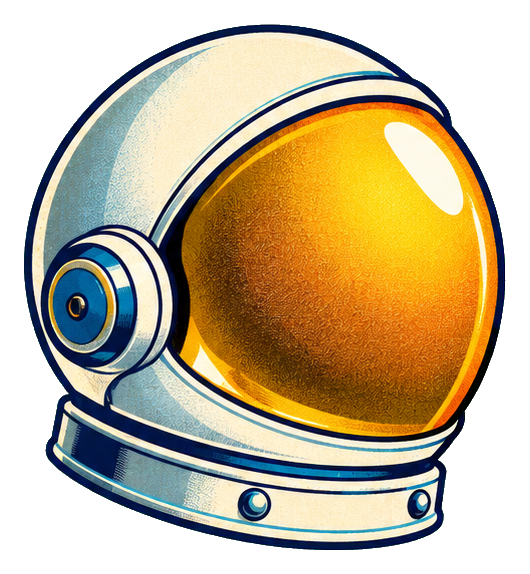 Retro gold astronaut helmet sticker with a glossy visor and blue trim