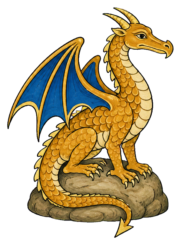 Gold dragon with blue wings perched on a rocky base