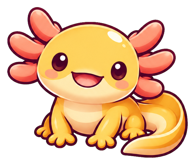 Cute golden axolotl sticker with pink frills and a smiling cartoon face