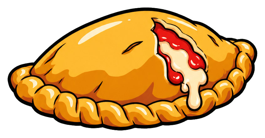 Golden cartoon calzone with melted cheese and red filling
