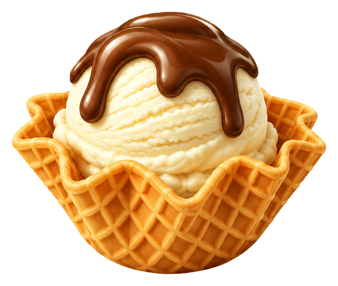 A 3D waffle cone filled with vanilla ice cream and chocolate drizzle