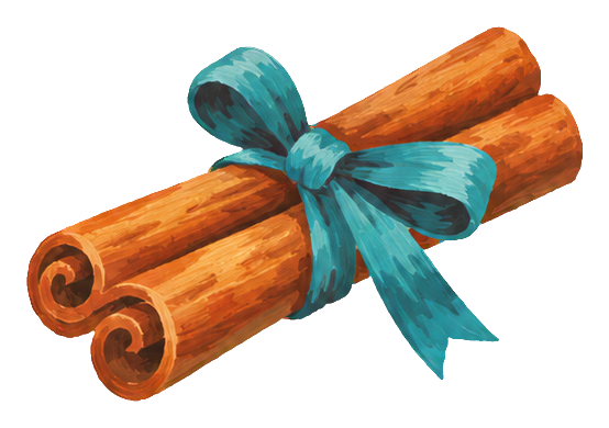 Two cinnamon sticks tied with a blue ribbon in a gouache-style sticker.
