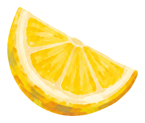 Gouache-style illustrated lemon wedge with bright yellow citrus segments.