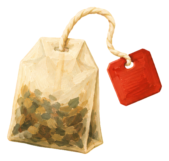 Gouache-style tea bag with a red tag and loose tea leaves inside