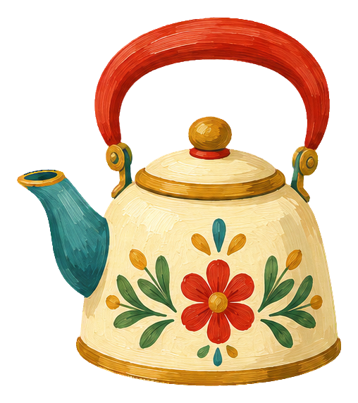 Gouache-style tea kettle with a red handle and floral decoration.