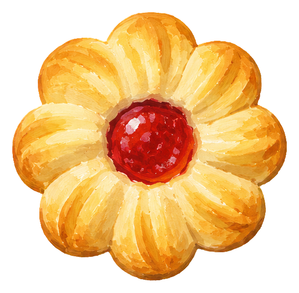 Gouache-style butter cookie shaped like a flower with a red center.
