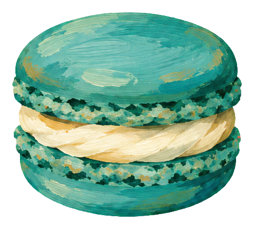 Teal gouache-style macaron with creamy filling.