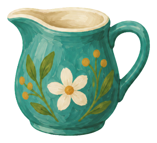 Gouache-style teal milk jug with white flower and green leaves