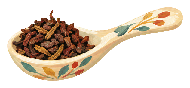 Illustrated spoon filled with loose tea leaves and decorative floral details.