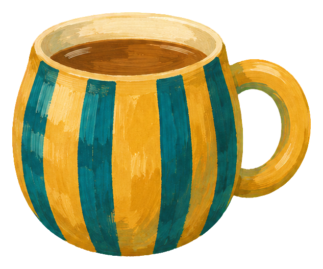 Gouache-style striped mug with handle in warm yellow and teal tones