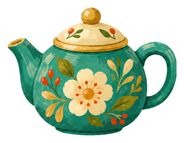 Green gouache teapot with floral decoration and lid
