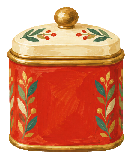 Red gouache tea tin with gold lid and floral details