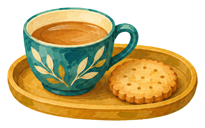 Gouache-style teal teacup on a wooden tray with a round cookie.