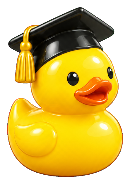 Yellow rubber duck wearing a graduation cap and tassel
