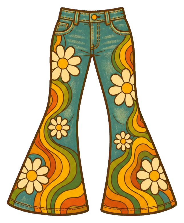 Bell bottom jeans decorated with retro flowers and wavy 1970s patterns