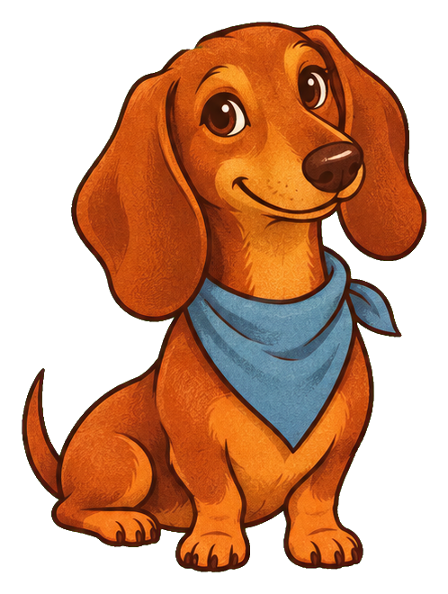 Cartoon dachshund sitting and wearing a blue bandana