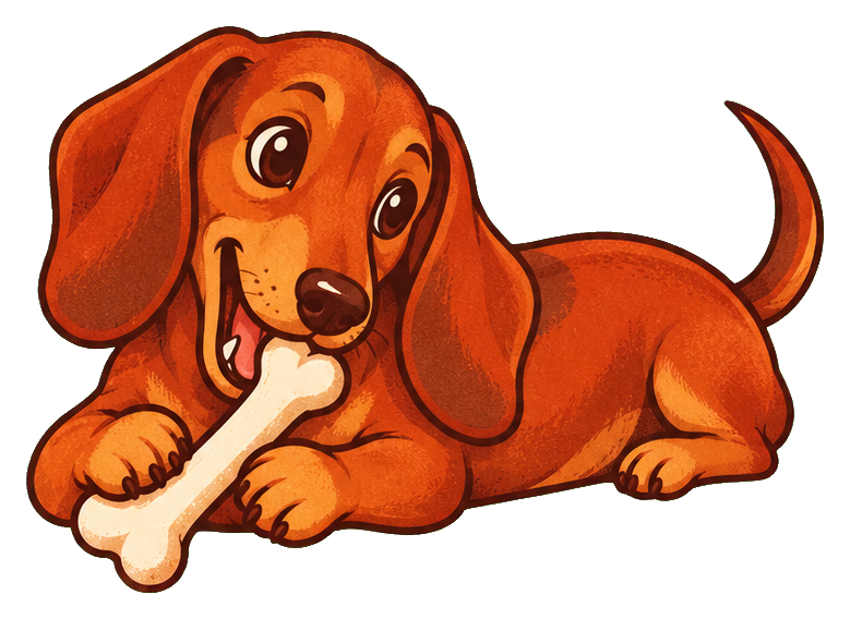 Retro dachshund lying down and holding a bone in its mouth.