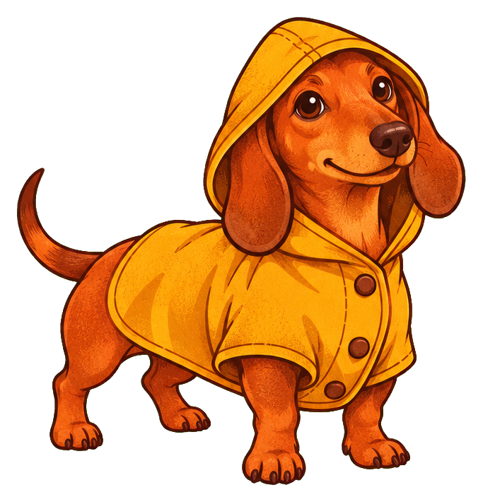 Brown dachshund wearing a yellow raincoat with hood up, standing in profile.