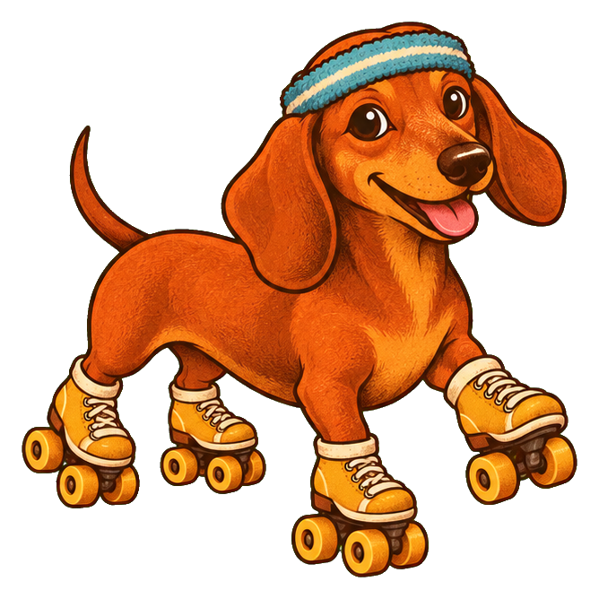 Smiling dachshund wearing roller skates in a groovy retro style